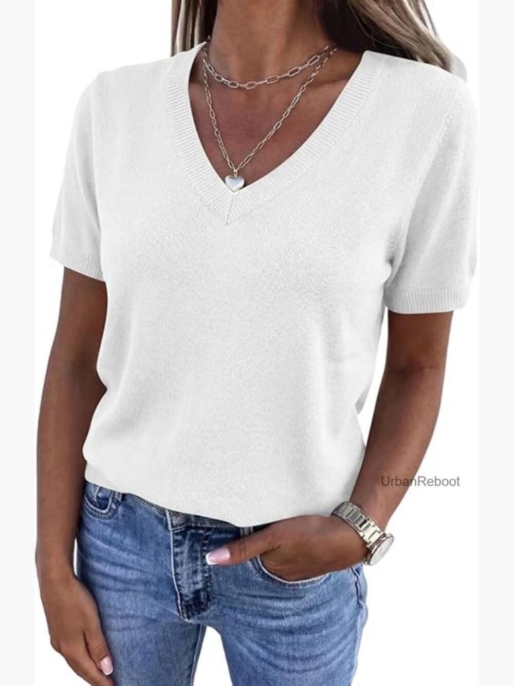 Short Sleeve V Neck Sweater Business Casual Lightweight Pullover Top